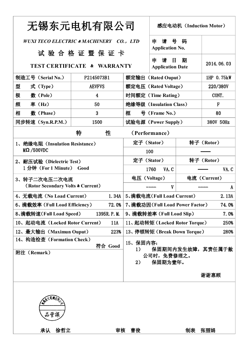 東元電機出廠測試報告